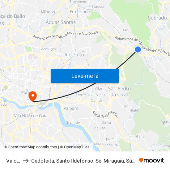 Valongo to Cedofeita, Santo Ildefonso, Sé, Miragaia, São Nicolau e Vitória map