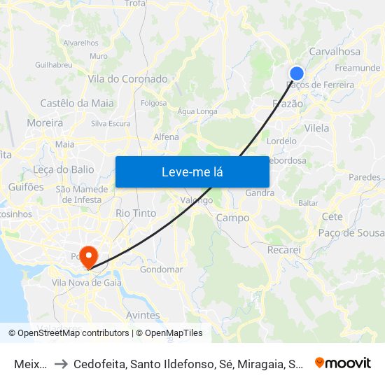 Meixomil to Cedofeita, Santo Ildefonso, Sé, Miragaia, São Nicolau e Vitória map