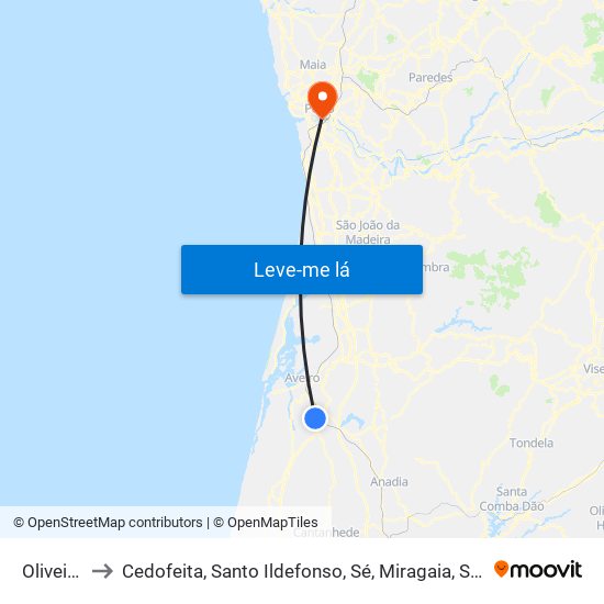 Oliveirinha to Cedofeita, Santo Ildefonso, Sé, Miragaia, São Nicolau e Vitória map