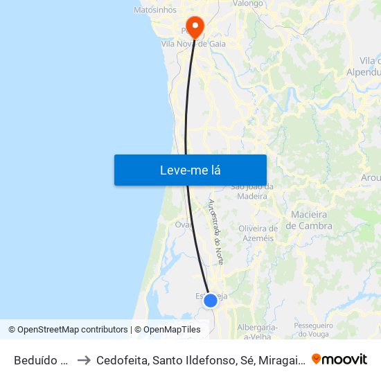 Beduído e Veiros to Cedofeita, Santo Ildefonso, Sé, Miragaia, São Nicolau e Vitória map