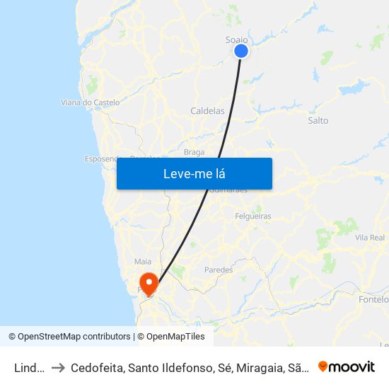 Lindoso to Cedofeita, Santo Ildefonso, Sé, Miragaia, São Nicolau e Vitória map