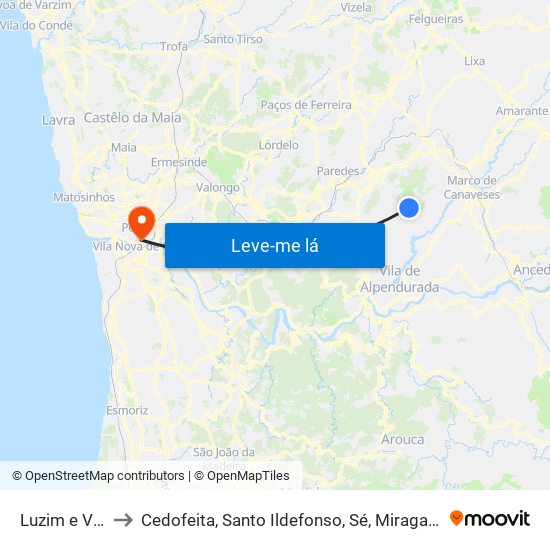 Luzim e Vila Cova to Cedofeita, Santo Ildefonso, Sé, Miragaia, São Nicolau e Vitória map