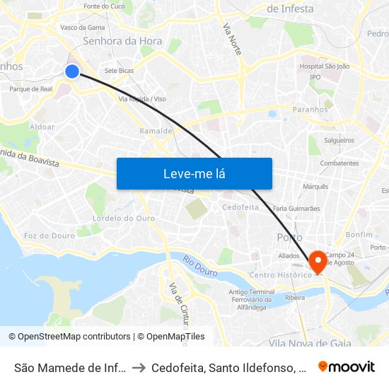 São Mamede de Infesta e Senhora da Hora to Cedofeita, Santo Ildefonso, Sé, Miragaia, São Nicolau e Vitória map