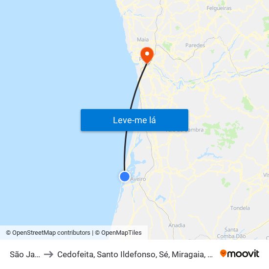 São Jacinto to Cedofeita, Santo Ildefonso, Sé, Miragaia, São Nicolau e Vitória map