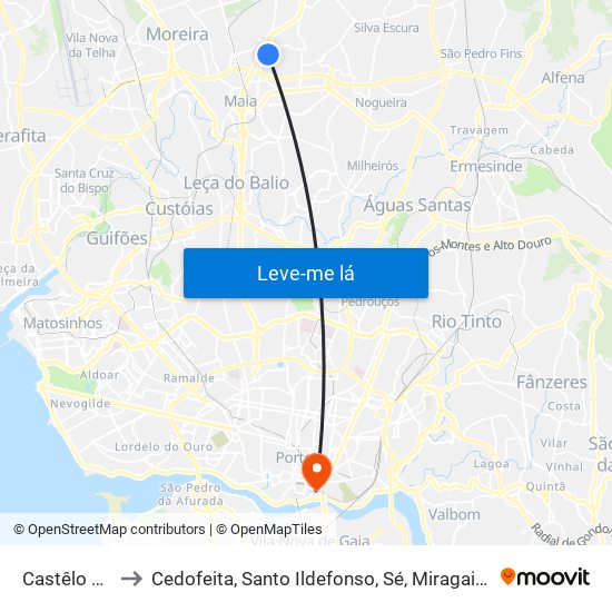 Castêlo da Maia to Cedofeita, Santo Ildefonso, Sé, Miragaia, São Nicolau e Vitória map
