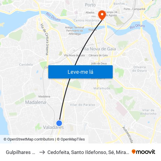 Gulpilhares e Valadares to Cedofeita, Santo Ildefonso, Sé, Miragaia, São Nicolau e Vitória map