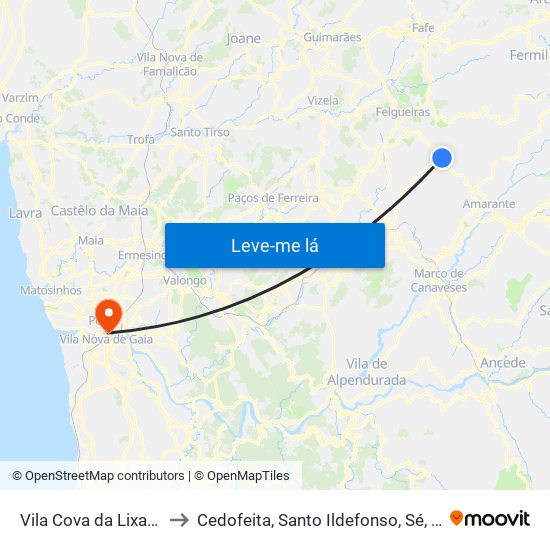 Vila Cova da Lixa e Borba de Godim to Cedofeita, Santo Ildefonso, Sé, Miragaia, São Nicolau e Vitória map
