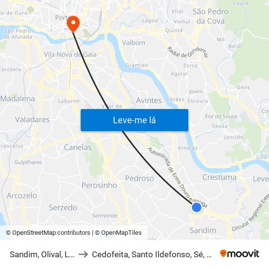 Sandim, Olival, Lever e Crestuma to Cedofeita, Santo Ildefonso, Sé, Miragaia, São Nicolau e Vitória map