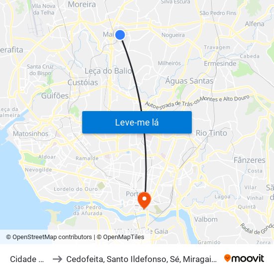 Cidade da Maia to Cedofeita, Santo Ildefonso, Sé, Miragaia, São Nicolau e Vitória map