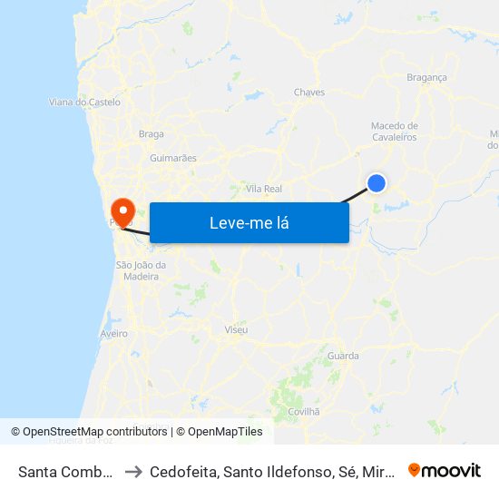 Santa Comba de Vilariça to Cedofeita, Santo Ildefonso, Sé, Miragaia, São Nicolau e Vitória map