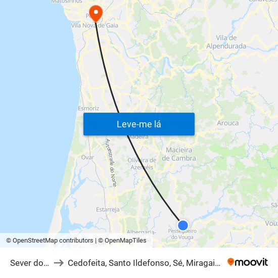 Sever do Vouga to Cedofeita, Santo Ildefonso, Sé, Miragaia, São Nicolau e Vitória map