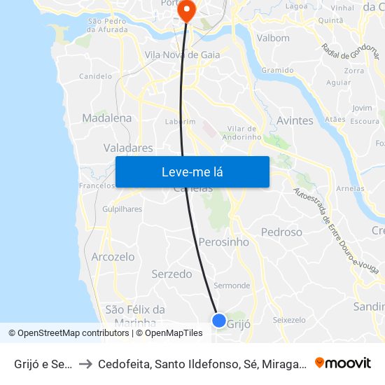 Grijó e Sermonde to Cedofeita, Santo Ildefonso, Sé, Miragaia, São Nicolau e Vitória map