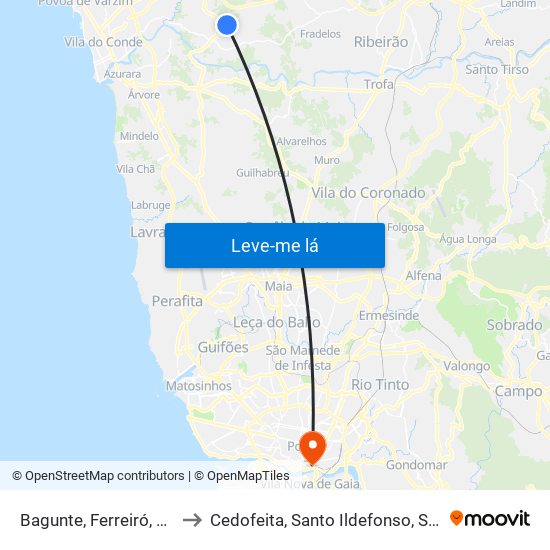 Bagunte, Ferreiró, Outeiro Maior e Parada to Cedofeita, Santo Ildefonso, Sé, Miragaia, São Nicolau e Vitória map