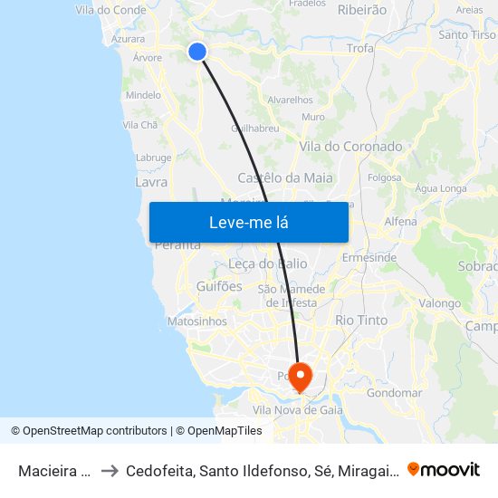 Macieira da Maia to Cedofeita, Santo Ildefonso, Sé, Miragaia, São Nicolau e Vitória map