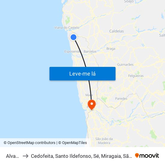 Alvarães to Cedofeita, Santo Ildefonso, Sé, Miragaia, São Nicolau e Vitória map