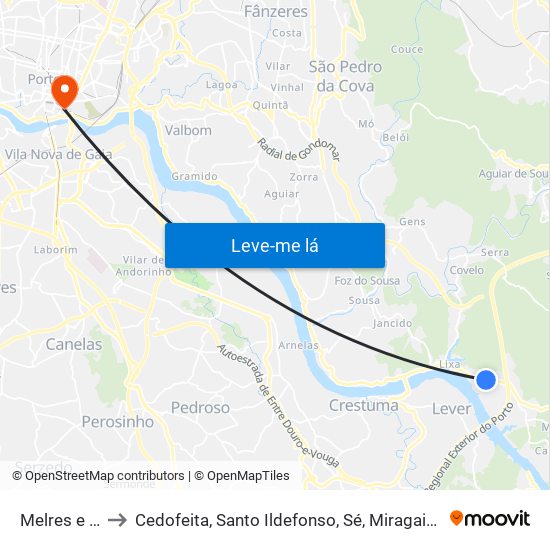 Melres e Medas to Cedofeita, Santo Ildefonso, Sé, Miragaia, São Nicolau e Vitória map