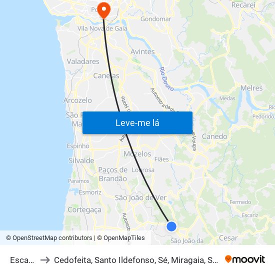 Escapães to Cedofeita, Santo Ildefonso, Sé, Miragaia, São Nicolau e Vitória map