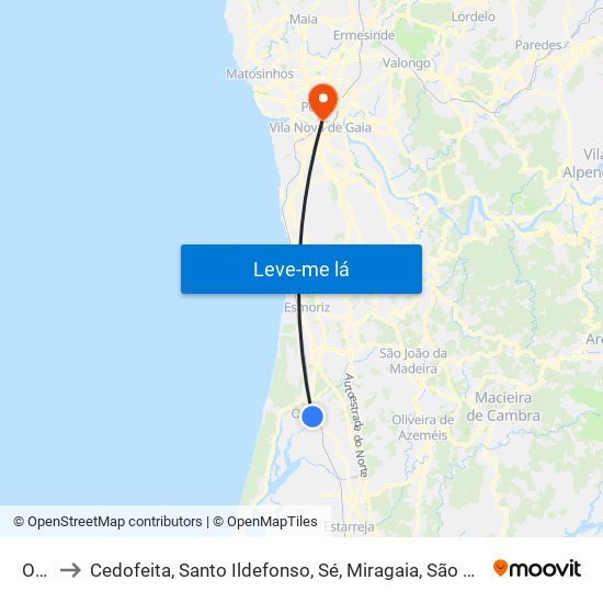 Ovar to Cedofeita, Santo Ildefonso, Sé, Miragaia, São Nicolau e Vitória map