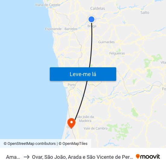 Amares to Ovar, São João, Arada e São Vicente de Pereira Jusã map