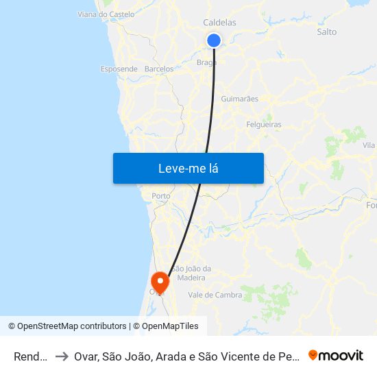 Rendufe to Ovar, São João, Arada e São Vicente de Pereira Jusã map