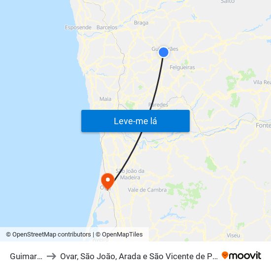 Guimarães to Ovar, São João, Arada e São Vicente de Pereira Jusã map