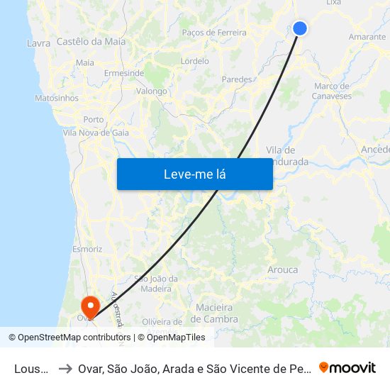 Lousada to Ovar, São João, Arada e São Vicente de Pereira Jusã map