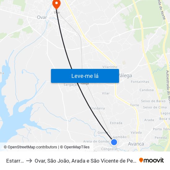Estarreja to Ovar, São João, Arada e São Vicente de Pereira Jusã map
