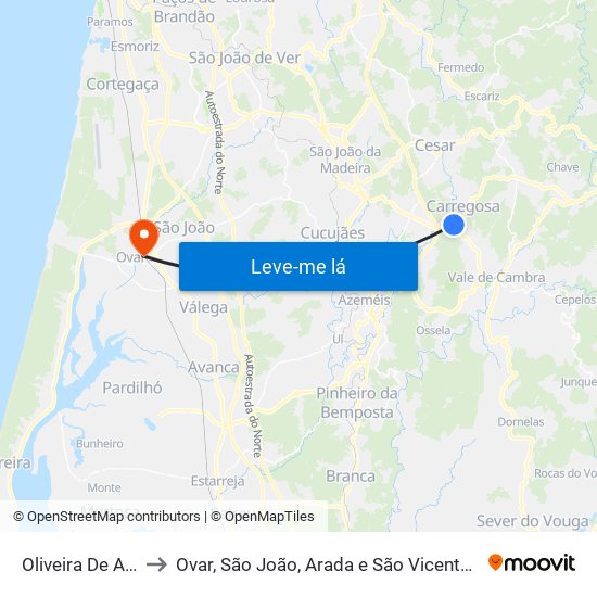 Oliveira De Azeméis to Ovar, São João, Arada e São Vicente de Pereira Jusã map