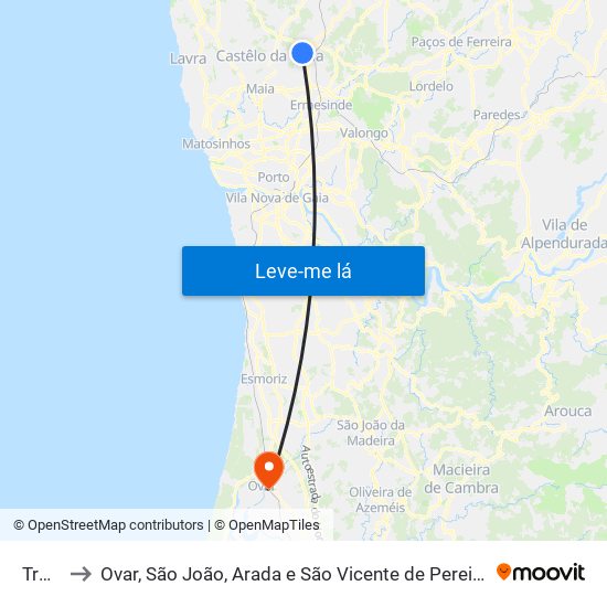 Trofa to Ovar, São João, Arada e São Vicente de Pereira Jusã map