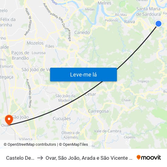 Castelo De Paiva to Ovar, São João, Arada e São Vicente de Pereira Jusã map