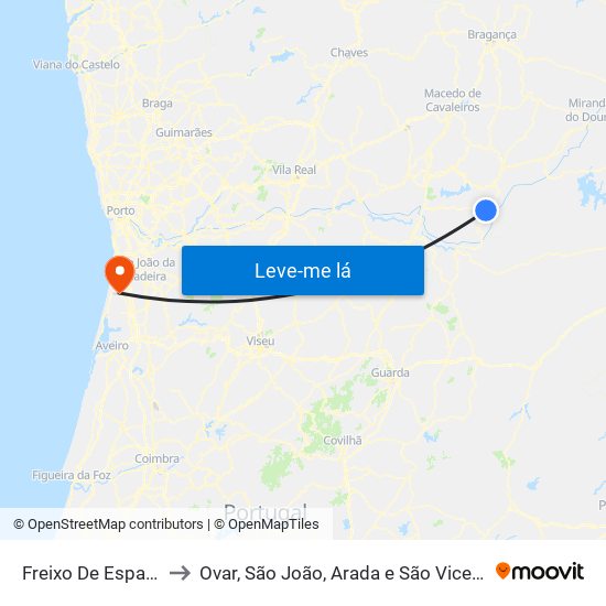 Freixo De Espada À Cinta to Ovar, São João, Arada e São Vicente de Pereira Jusã map