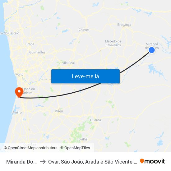 Miranda Do Douro to Ovar, São João, Arada e São Vicente de Pereira Jusã map
