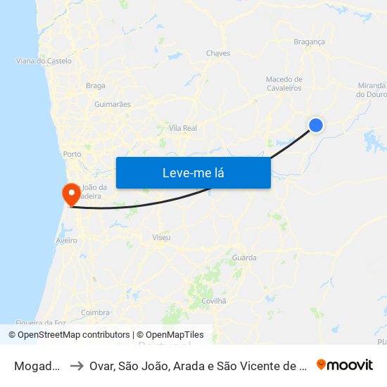 Mogadouro to Ovar, São João, Arada e São Vicente de Pereira Jusã map