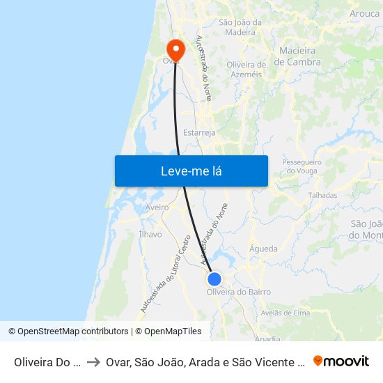 Oliveira Do Bairro to Ovar, São João, Arada e São Vicente de Pereira Jusã map
