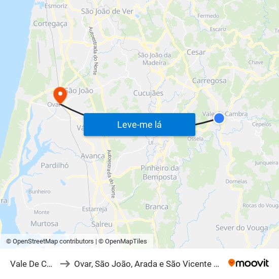 Vale De Cambra to Ovar, São João, Arada e São Vicente de Pereira Jusã map