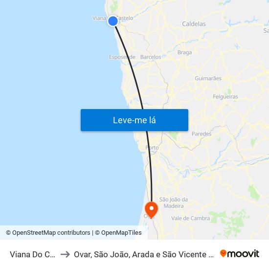 Viana Do Castelo to Ovar, São João, Arada e São Vicente de Pereira Jusã map