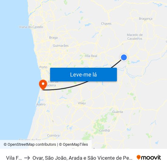 Vila Flor to Ovar, São João, Arada e São Vicente de Pereira Jusã map