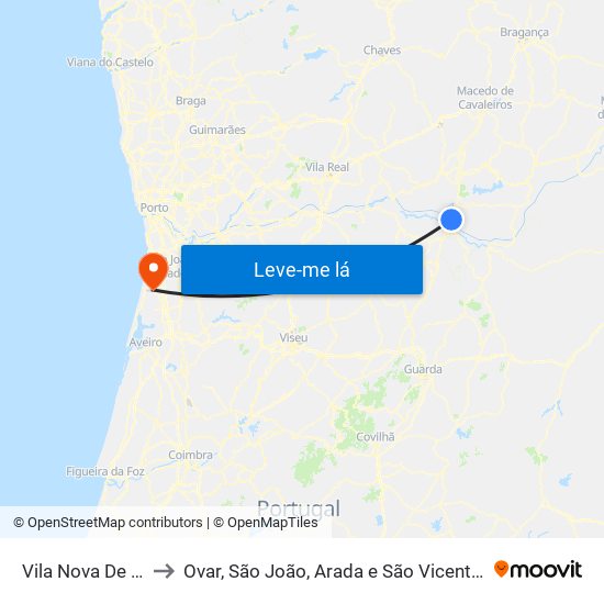 Vila Nova De Foz Côa to Ovar, São João, Arada e São Vicente de Pereira Jusã map