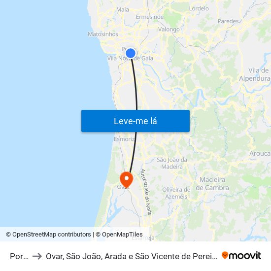 Porto to Ovar, São João, Arada e São Vicente de Pereira Jusã map