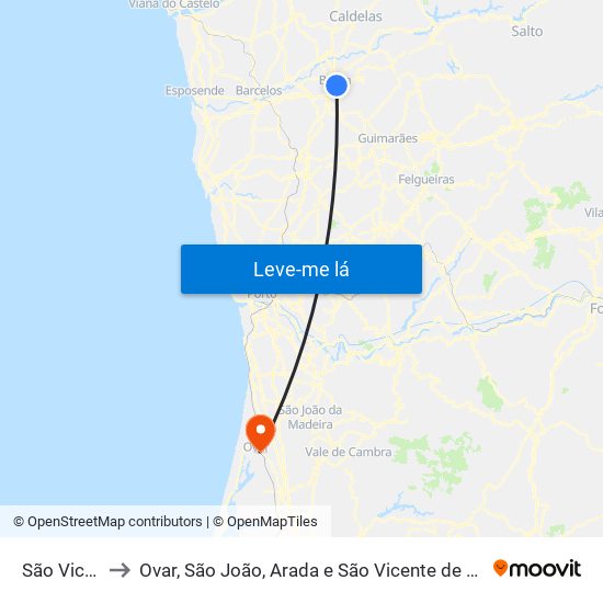 São Vicente to Ovar, São João, Arada e São Vicente de Pereira Jusã map