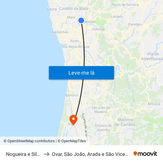 Nogueira e Silva Escura to Ovar, São João, Arada e São Vicente de Pereira Jusã map