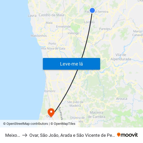 Meixomil to Ovar, São João, Arada e São Vicente de Pereira Jusã map