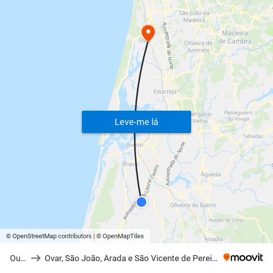 Ouca to Ovar, São João, Arada e São Vicente de Pereira Jusã map
