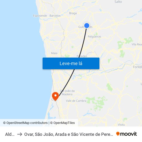 Aldão to Ovar, São João, Arada e São Vicente de Pereira Jusã map