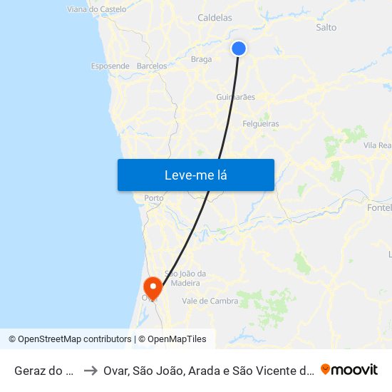 Geraz do Minho to Ovar, São João, Arada e São Vicente de Pereira Jusã map