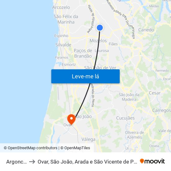 Argoncilhe to Ovar, São João, Arada e São Vicente de Pereira Jusã map