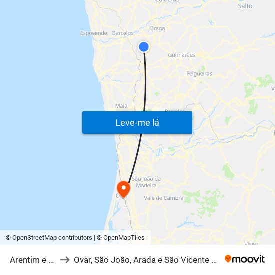 Arentim e Cunha to Ovar, São João, Arada e São Vicente de Pereira Jusã map