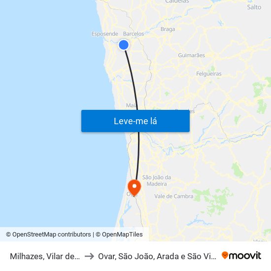Milhazes, Vilar de Figos e Faria to Ovar, São João, Arada e São Vicente de Pereira Jusã map