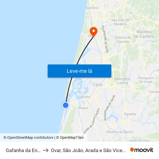 Gafanha da Encarnação to Ovar, São João, Arada e São Vicente de Pereira Jusã map