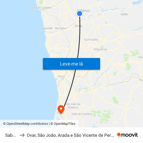 Sabariz to Ovar, São João, Arada e São Vicente de Pereira Jusã map